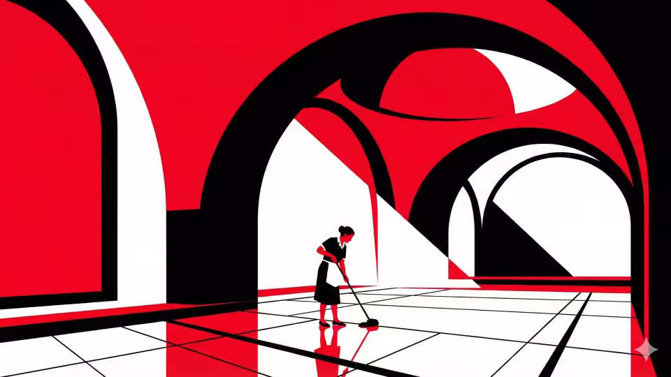 Anna, with a slightly hunched back, pushes a well-worn mop across the gleaming, intricate marble floor of the Klementinum's vast Baroque Hall.