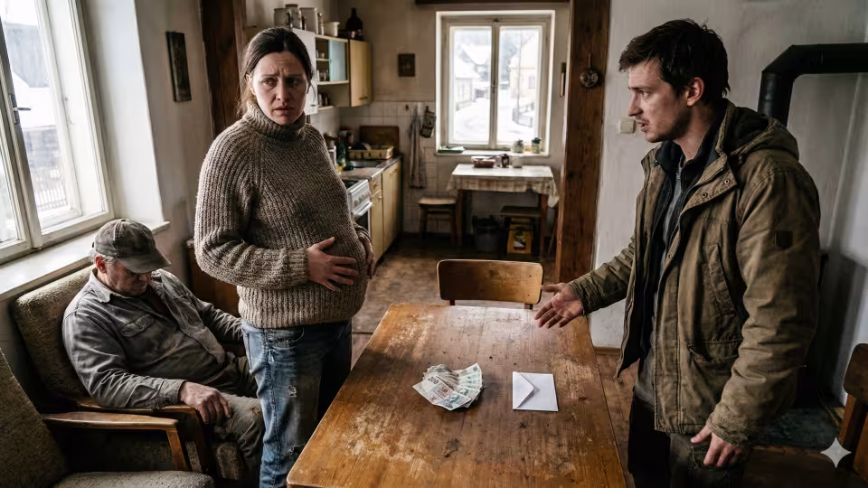 Široký, mírně shora položený záběr na Eliškino skromné ​​obývací pokoj, kde uprostřed stojí malý, rustikální stolek se zmačkanými penězi.