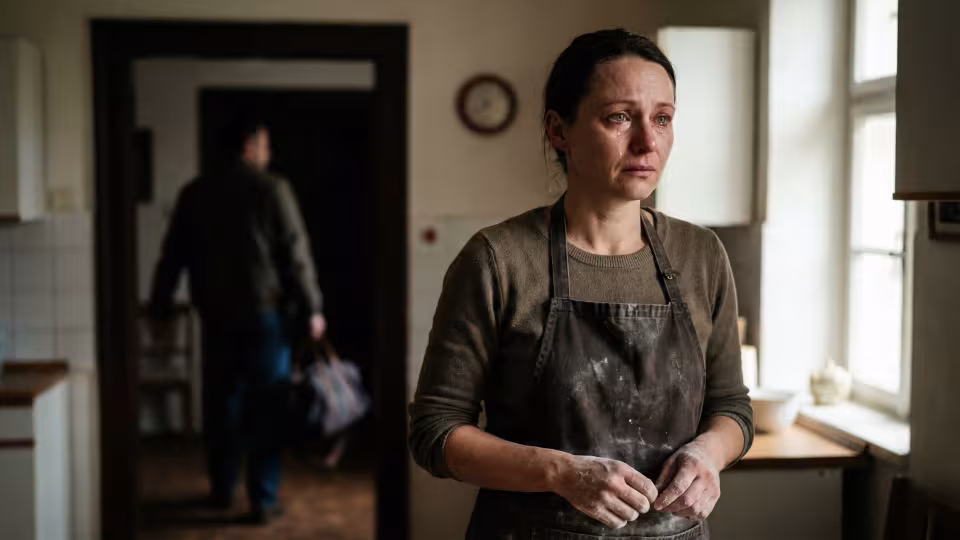 široký, mírně rozmazaný záběr na Petrova záda, když odchází, v ruce sbalenou tašku