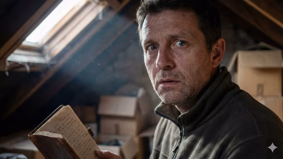 Široký záběr na zaprášenou půdu chalupy za svítání.