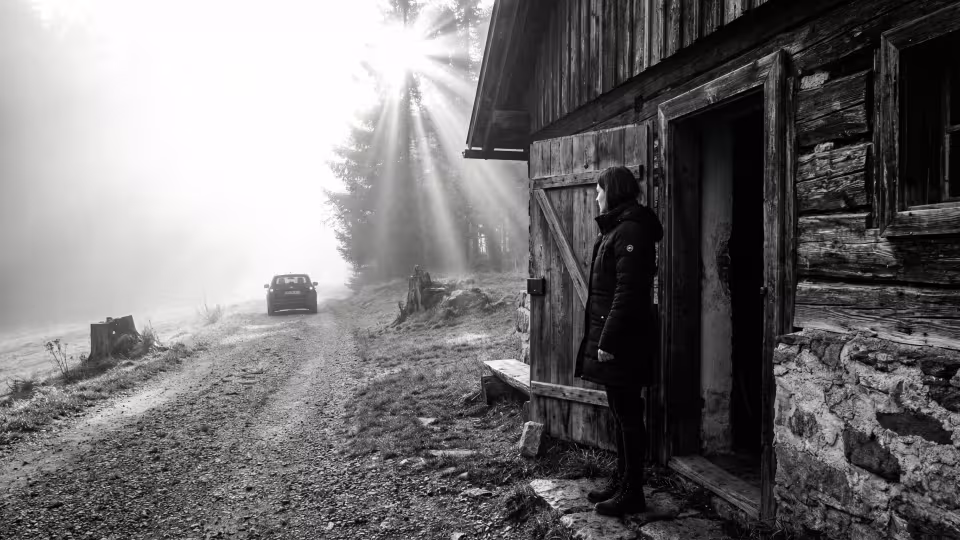 Jitka (40) stojí naprosto klidně a vyrovnaně v otevřených dveřích své rustikální chalupy