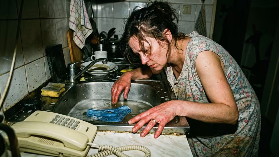 žena shrbená nad špinavým kuchyňským dřezem ve špatně osvětleném paneláku.