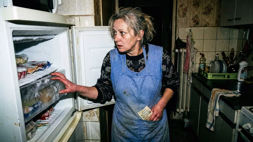 Nízkoúhlý, těsný záběr ženy ve stísněné, datované české panelákové kuchyni. Její záda jsou strnule přitisknutá k chladnému, bílému povrchu starého mrazáku, tělo zmrzlé.