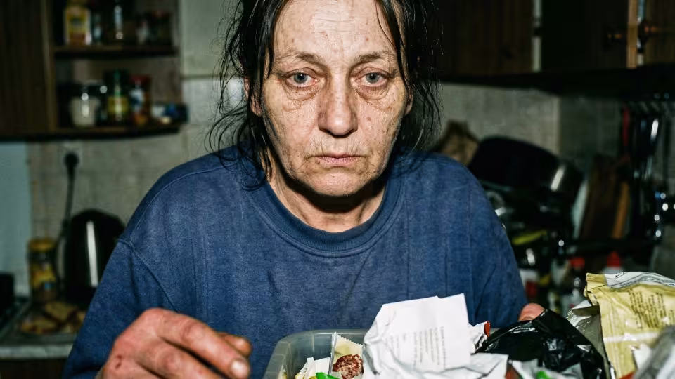 Těsný detailní záběr na ženskou tvář a horní část těla, osvětlený drsným, nelichotivým zábleskem, který zdůrazňuje hluboké linie únavy kolem očí.