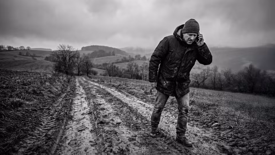 Širokoúhlý záběr při slabém osvětlení zachycený zezadu nebo z boku muže, zdůrazňující jeho osamělý boj s rozlehlou, bezútěšnou krajinou. V popředí dominuje hluboce vyježděná, bahnitá cesta, která vede k postavě muže.