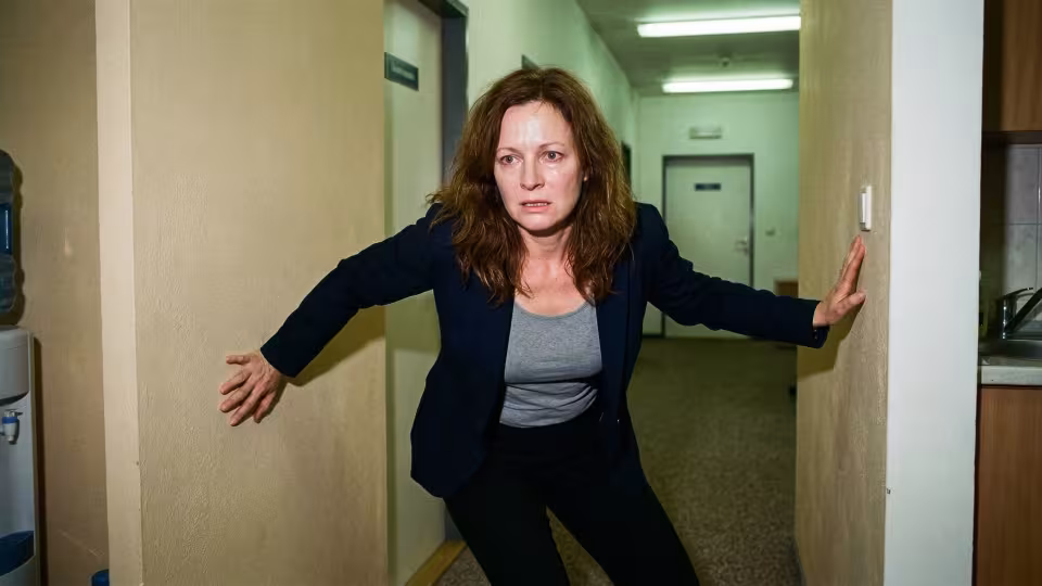 Žena v tlumeném profesionálním oblečení je částečně zhroucená u běžné zdi chodby v kanceláři poblíž rohu.