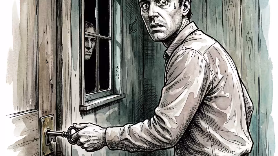 Vyděšený Jarek se snaží uniknout ze zamčeného pokoje.