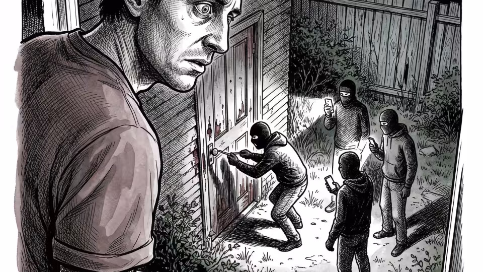 Muž sleduje z okna skupinu mužů. co se dobývá do domu