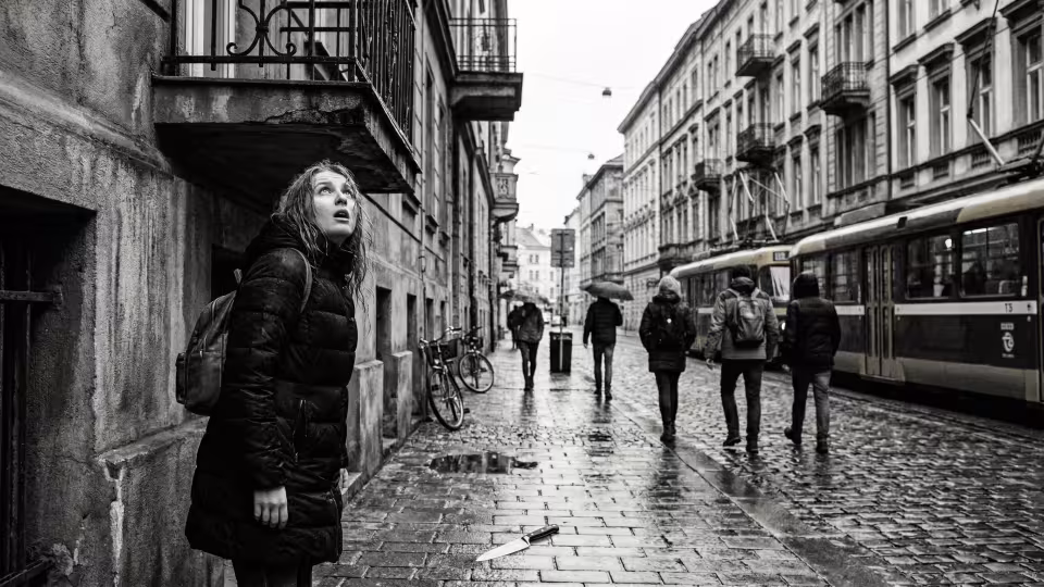 Mladá žena stojí na vlhké, šedé brněnské ulici, lehce se choulící pod špinavým balkonem