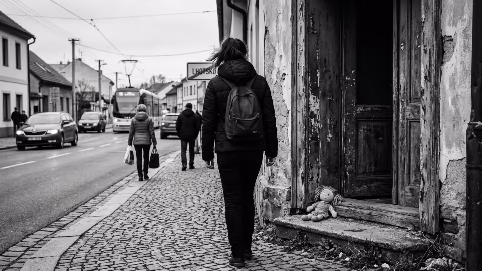 Mladá žena stojí zády k divákovi na křivém prahu zchátralého domu v malé české vesnici.
