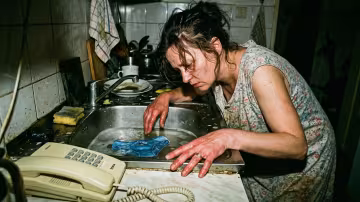 žena shrbená nad špinavým kuchyňským dřezem ve špatně osvětleném paneláku.