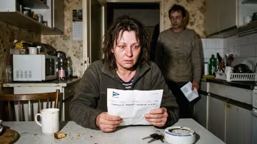 a woman clutches a bank statement, her face a mask of shock and betrayal, eyes wide and fixed on the devastating sum.