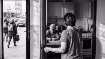 Stojí na prahu spoře osvětlené, funkční panelákové kuchyně, zády převážně k divákovi. Její ruka je na klice, pomalu zavírá dveře a nechává kuchyňský stůl a matku rozmazané v pozadí.