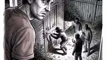 Muž sleduje z okna skupinu mužů. co se dobývá do domu