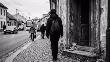 Mladá žena stojí zády k divákovi na křivém prahu zchátralého domu v malé české vesnici.